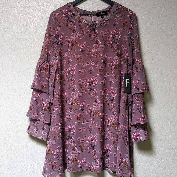 Day Date Mauve Floral Print Tiered Flounce Sleeve Mini Dress - Picture 5 of 12